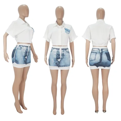 Γυναικείο Casual Fashion Σετ Δύο Τεμαχίων Πολυεστέρας Τύπωμα Τζιν Κοντομάνικο Πουκάμισο Top And Bottom Φούστα για Καλοκαίρι