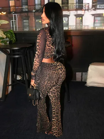 Sexy Leopard Print Two Piece Set For Women Long Sleeve Mesh Crop Top And High Waist Flare Pants Printed Outfit Top And Bottom