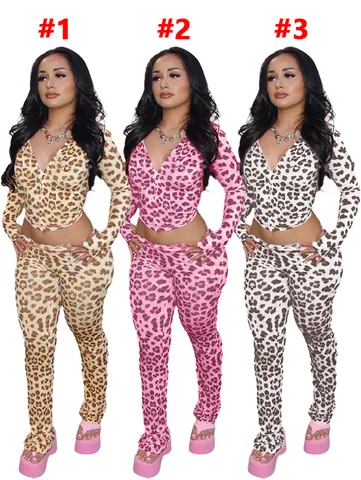 Women Leopard Print Hooded Zip Up Cardigan And Long Pants Tracksuit Sexy Slim Fit Autumn Fashion Top And Bottom