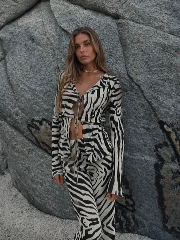 Damen Sexy Zebra Print Mesh Zweiteiler Set Langarm Schnüren V-Ausschnitt Top Und Lange Hose Outfits Matching Set