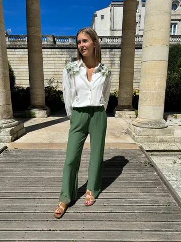 Conjunto de Dos Piezas Casual para Mujer Camisa de Manga Larga Estampada y Pantalones de Pierna Ancha Suelto con Botones Elegante