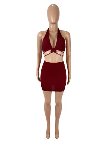 Ensemble Top And Bottom Sexy Femme Dos Nu Brodé Papillon Jupe Courte Moulante Imprimé Tropical Tenue en Polyester