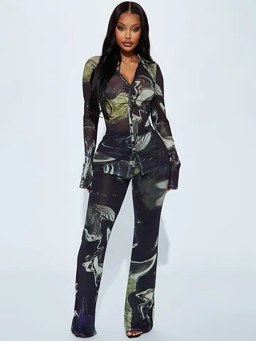 Conjunto de Dos Piezas Casual para Mujer Estampado de Mármol Manga Larga con Botones Solapa y Pantalones Streetwear