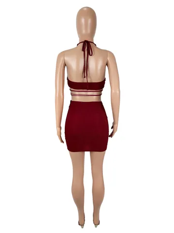 Ensemble Top And Bottom Sexy Femme Dos Nu Brodé Papillon Jupe Courte Moulante Imprimé Tropical Tenue en Polyester