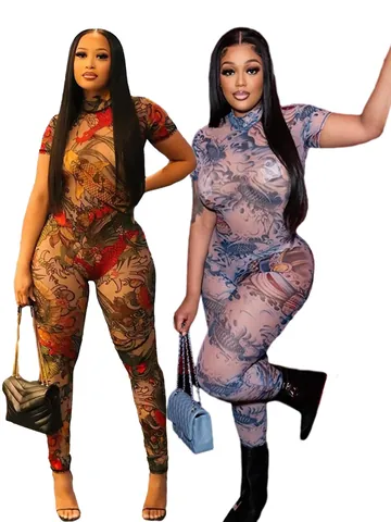 Sexy Women Sheer Mesh Oriental Dragon Print Jumpsuit Backless Bodycon Slim Romper Fashion Clubwear Top And Bottom Jumpsuit