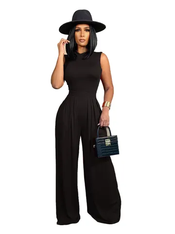 Ensemble Haut Sans Manches Froncé Et Pantalon Large Couleur Unie Pour Femmes Tenues Mode Urbaine Top And Bottom