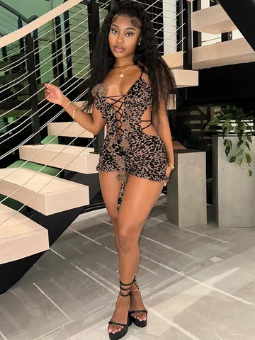 Women Sexy Leopard Print Mesh Jumpsuit Cut Out Lace Up Skinny Romper Backless Ruffle Trim Bodycon Overalls Party Clubwear