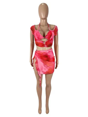 Damen Sexy Tie-Dye Druck Netz Bauchfrei Top Und Unregelmäßiger Minirock Set Sommer Strand Party Club Outfits Zweiteiler