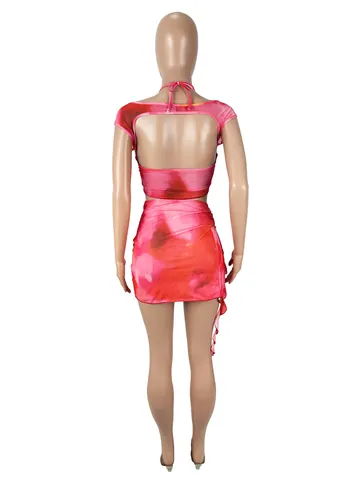 Damen Sexy Tie-Dye Druck Netz Bauchfrei Top Und Unregelmäßiger Minirock Set Sommer Strand Party Club Outfits Zweiteiler