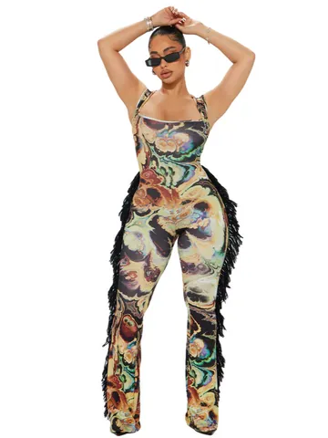 Women's Sexy Sleeveless Spaghetti Strap Marble Print Jumpsuit With Tassels Side Fringe Bodycon Party Clubwear Long Romper