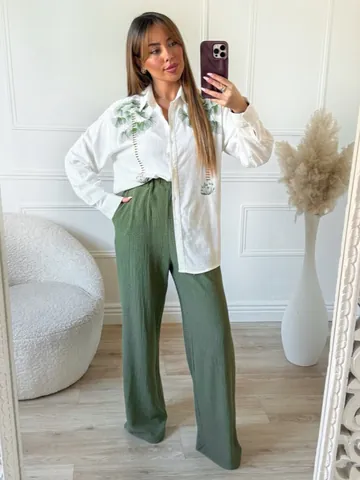 Conjunto de Dos Piezas Casual para Mujer Camisa de Manga Larga Estampada y Pantalones de Pierna Ancha Suelto con Botones Elegante
