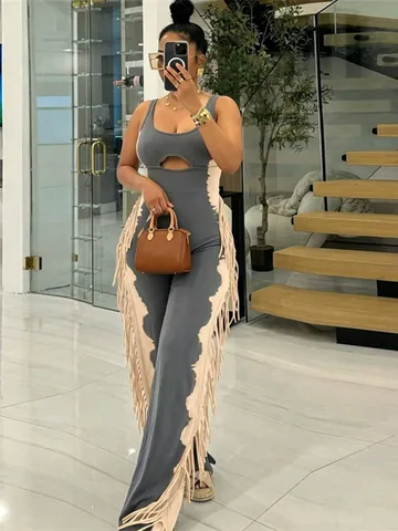 Women's Fashion Color Block Cut Out Sleeveless Jumpsuit With Fringe Detail Slim Fit Casual Bodycon Long Romper Clubwear
