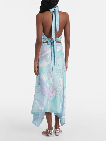 Conjunto Sexy para Mujer Halter Espalda al Aire Estampado Satén Top And Bottom Falda Irregular para Playa Vacaciones Fiesta