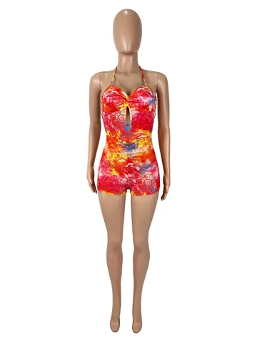 Women Sexy Floral Print Halter Neck Cut Out Romper Slim Fit Sleeveless One Piece Jumpsuit For Summer Beach Party Clubwear