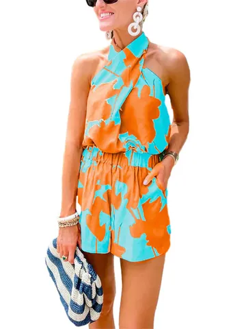 Ensemble Femme Sexy Top Croisé Dos Nu et Short Orange Bleu Imprimé Floral Abstrait Tenue de Plage Vacances