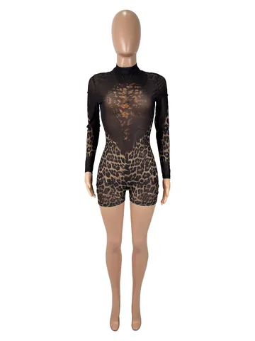 Women Sexy Leopard Print Mesh Transparent Long Sleeve Crew Neck Bodycon Romper Clubwear Party Jumpsuit Top And Bottom