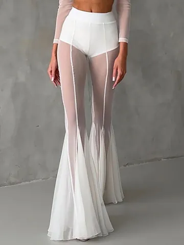 Women Sexy Sheer Mesh Patchwork Flare Pants High Waist See-Through Ruched Bell Bottom Slim Fit Clubwear Party Trousers