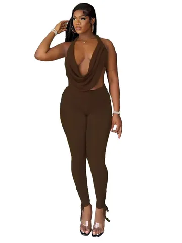 Damen Cowl Neck Halter Rückenfrei Oberteil Und Unterteil Set Einfarbig Kordelzug Schnürung Sexy Slim Fit Outfits Braun Polyester Kleidung