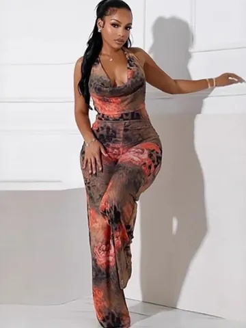 Sexy Women Jumpsuit Polyester Halter Neck Leopard Rose Floral Print Bodycon Wide Leg Party Clubwear Top And Bottom