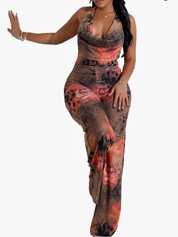Sexy Women Jumpsuit Polyester Halter Neck Leopard Rose Floral Print Bodycon Wide Leg Party Clubwear Top And Bottom