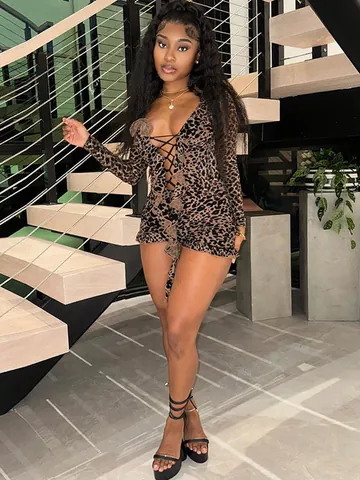 Sexy Leopard Print Mesh Long Sleeve Romper For Women Lace-Up V-Neck Slim Jumpsuit Printed Clubwear Top And Bottom