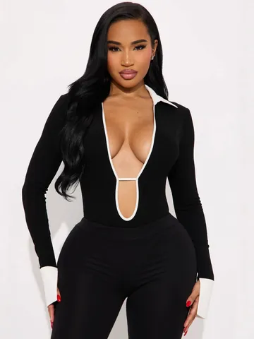 Women Sexy Patchwork Jumpsuit Set Deep V-Neck Cutout Lapel Long Sleeve Top And Capri Pants Set For Party Clubwear