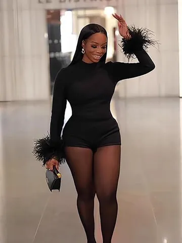 Women Sexy Round Neck Backless Bodysuit Long Sleeve Faux Feather Trim Slim Fit Knitted Romper Party Clubwear Top And Bottom