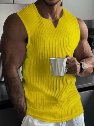 Men Summer Ribbed V-Neck Sports Vest Muscle Fit Sleeveless Gym Training Tank Top Solid Vertical Stripes Outdoor Fitness Vest