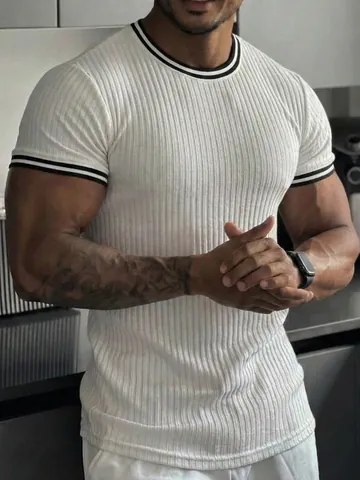Herren Athletic Slim Fit Sport T-Shirt Rippstrick Kurzarm Top Gestreifter Rundhalsausschnitt Schnelltrocknend Fitness Workout Tee