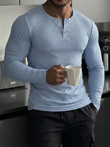 Men's Muscle Slim Fit Long Sleeve Henley T-Shirt Ribbed Polyester Spandex Training Running Sport Top