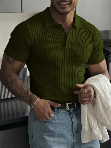 Herren Slim Fit Rippenstrick Polohemd Kurzarm Muskel Fit Knopfleiste Sportlich Lässig Sommer Mode Top Polyester Tee