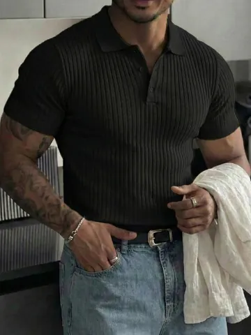 Herren Slim Fit Rippenstrick Polohemd Kurzarm Muskel Fit Knopfleiste Sportlich Lässig Sommer Mode Top Polyester Tee