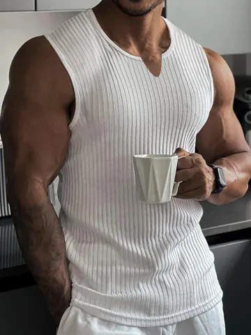 Men Summer Ribbed V-Neck Sports Vest Muscle Fit Sleeveless Gym Training Tank Top Solid Vertical Stripes Outdoor Fitness Vest