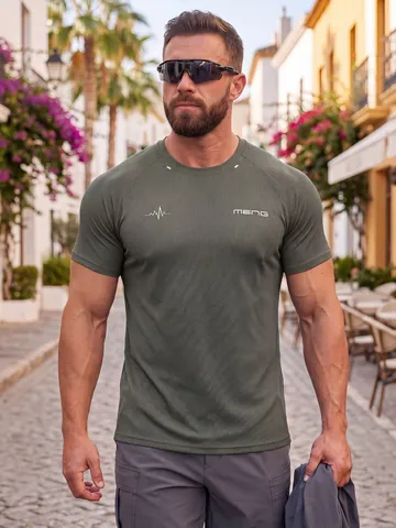 Men Sport Fitness Nylon T-Shirt Slim Fit Quick Dry Printed Gym Top Breathable Ice Silk Short Sleeve Performance Shirt