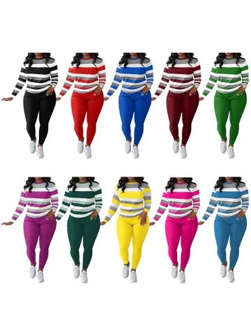 Women's Fashion Striped Printed Round Neck Long Sleeve Top And Bottom Pants Set Comfortable Casual Two Piece Tracksuit