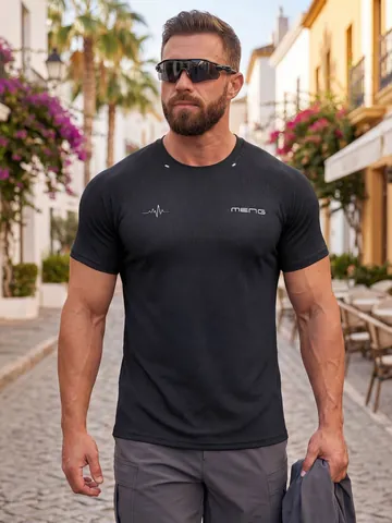 Men Sport Fitness Nylon T-Shirt Slim Fit Quick Dry Printed Gym Top Breathable Ice Silk Short Sleeve Performance Shirt
