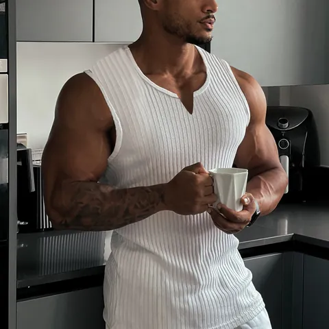 Men's Summer Casual Knitted Vertical Striped Fitness Sport Tank Top Slim Fit V-Neck Athletic Vest For Gym Workout