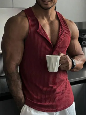 Men Slim Fit Henley Tank Top Multi Button Ribbed Muscle Gym Vest Summer Outdoor Athletic Sleeveless Polyester Spandex Top