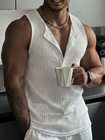 Men Slim Fit Henley Tank Top Multi Button Ribbed Muscle Gym Vest Summer Outdoor Athletic Sleeveless Polyester Spandex Top