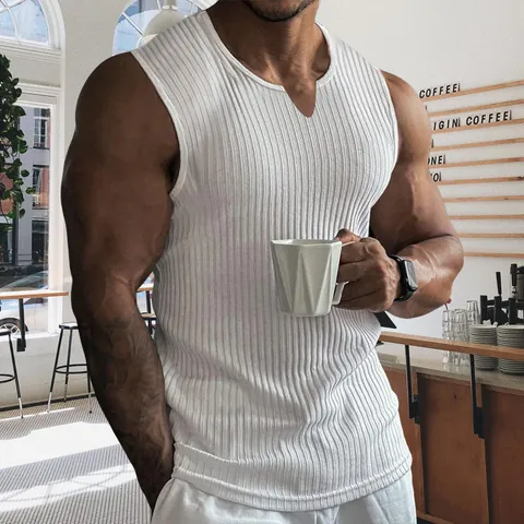 Men's Heavyweight Vertical Striped Sleeveless Tank Top Muscle Gym Fitness Workout Vest Broad Shoulder Summer Ribbed Top