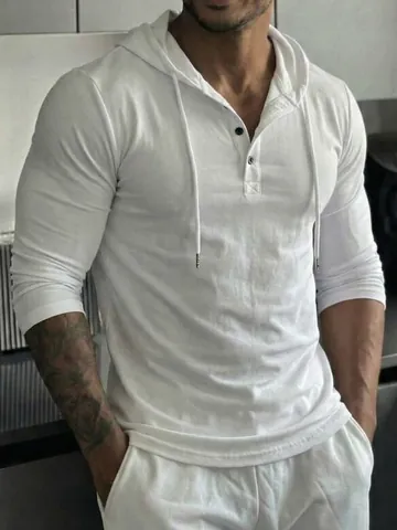 Herren Slim Fit Henley Kapuzenpullover Langarm Knopfleiste Hoodie Casual Outdoor Fitness Meliertes Oberteil