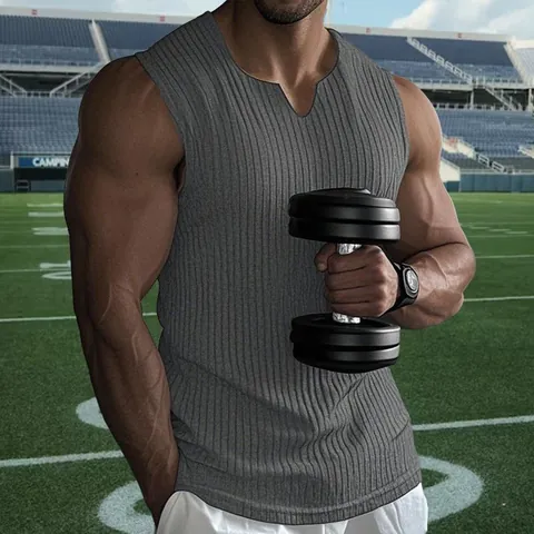 Men's Heavyweight Vertical Striped Sleeveless Tank Top Muscle Gym Fitness Workout Vest Broad Shoulder Summer Ribbed Top