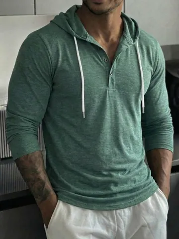 Herren Slim Fit Henley Kapuzenpullover Langarm Knopfleiste Hoodie Casual Outdoor Fitness Meliertes Oberteil