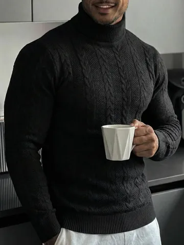 Pull à Col Roulé pour Hommes Tricot Torsadé Décontracté Extérieur Chaud Hiver Coupe Slim Couleur Unie Polyester