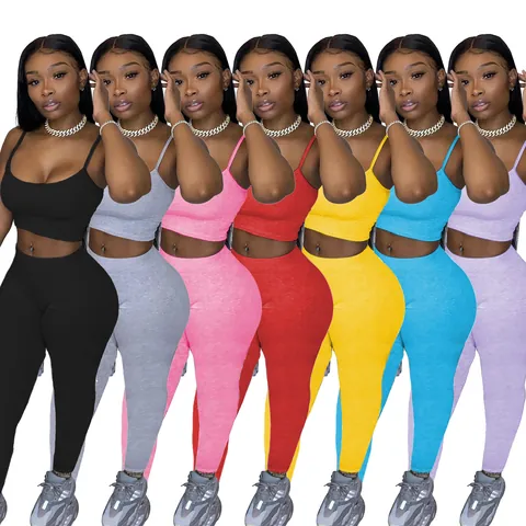 Women Casual Sporty Top And Bottom Polyester Set Solid Color Spaghetti Straps Camisole And High Waist Pants Tracksuit Outfits
