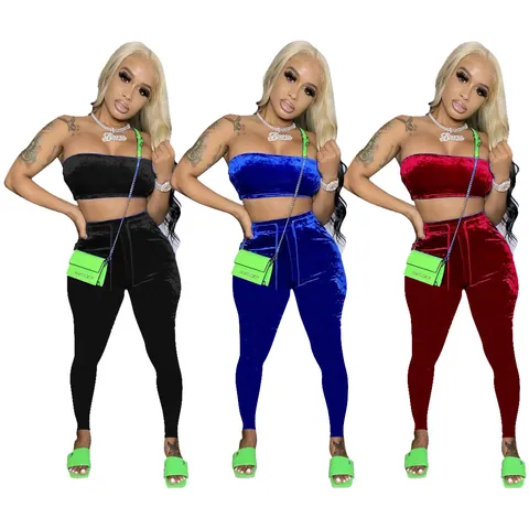 Dames Sexy Effen Kleur Fluweel Tube Top en Hoge Taille Broek Outfit Top Und Bottom Voor Modieuze Streetwear Kleding