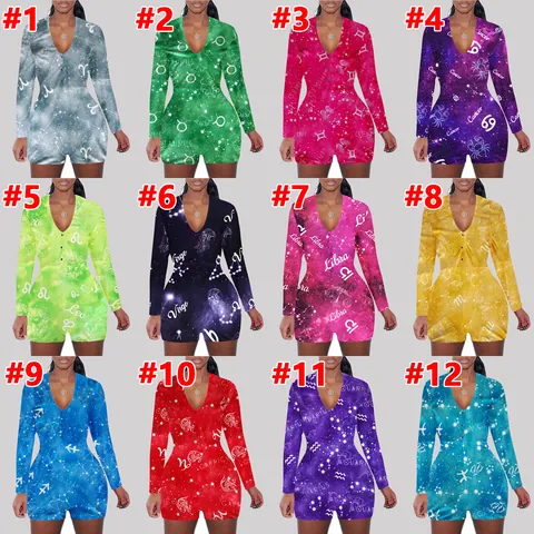 Women Casual Constellation Print Long Sleeve V Neck Jumpsuit Romper Loungewear Home Wear Top And Bottom