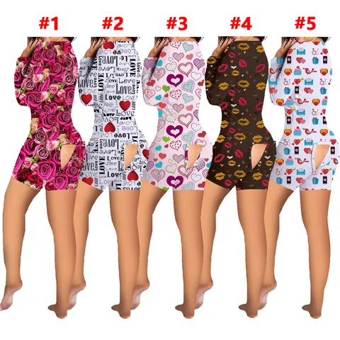 Women Polyester Valentine's Day Heart Print Romper Long Sleeve Butt Flap Jumpsuit Pajamas Top And Bottom Home Wear
