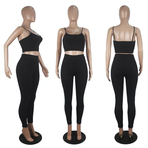 Women Casual Sporty Top And Bottom Polyester Set Solid Color Spaghetti Straps Camisole And High Waist Pants Tracksuit Outfits