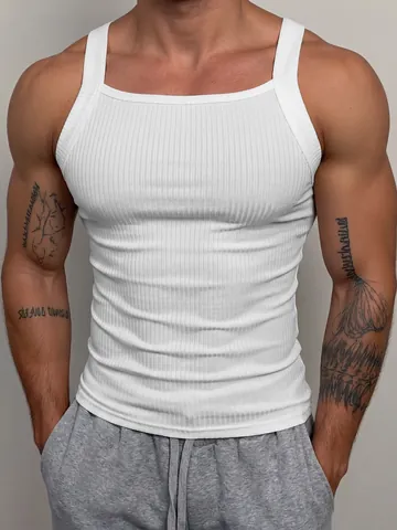 Men Ribbed Knit Tank Top Slim Fit Solid Color Thin Strap Sleeveless Vest For Gym Running Athletic Fitness Sport Top